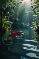A serene jungle scene with a red object floating in tranquil water, illuminated by sunlight. photo