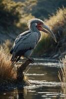 A large bird perched by a waterway, showcasing its distinctive features and habitat. photo