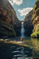 A serene waterfall surrounded by cliffs, with a chicken standing in the water. photo