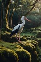 A stork stands gracefully on mossy ground in a serene forest setting. photo