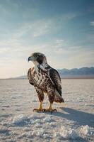 A majestic hawk stands on a salt flat with mountains in the background under a clear sky. photo