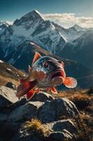 A surreal image of a fish hovering above rocky terrain with mountains in the background. photo
