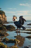 A unique bird stands on the shore, showcasing its colorful feathers against a coastal backdrop. photo