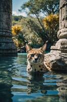 A serval cat wading in clear water between ancient stone columns in a lush environment. photo