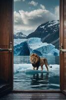 A lion stands on an iceberg with mountains in the background, viewed through an open door. photo