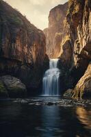 A serene waterfall cascades into a tranquil pool surrounded by rugged cliffs. photo