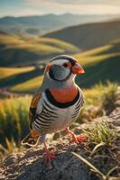 A colorful bird stands on a rock with a scenic landscape in the background. photo