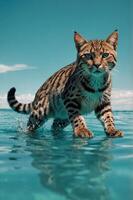 A wild cat wades through shallow water under a bright blue sky. photo