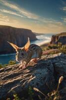 A small animal with large ears stands on a rock overlooking a scenic landscape at sunset. photo