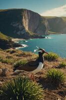 A colorful bird stands on a grassy cliff overlooking a scenic coastal landscape. photo