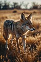 A coyote standing in a sunlit field of tall grass. photo