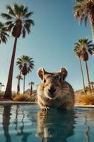 A close-up of a curious squirrel near a pool surrounded by palm trees and desert scenery. photo