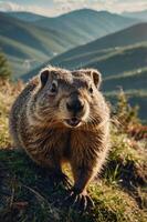 A close-up of a curious marmot in a mountainous landscape. photo