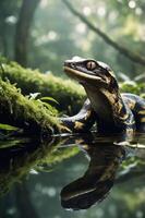A close-up of a colorful snake resting near water, surrounded by lush greenery. photo