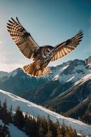 An owl soaring above snowy mountains under a clear blue sky. photo
