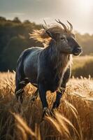 A majestic animal stands in a golden field, illuminated by warm sunlight. photo