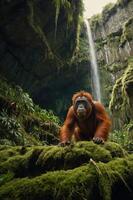 An orangutan in a lush, moss-covered environment with a waterfall in the background. photo