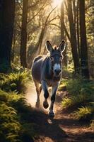 A donkey running through a sunlit forest path surrounded by greenery and trees. photo