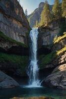 A serene waterfall cascading into a tranquil pool, surrounded by lush greenery and rocky cliffs. photo