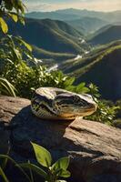A snake resting on a rock with a mountainous landscape in the background. photo