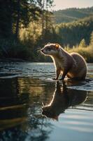 A small mammal stands by the water's edge, reflecting in the calm surface at sunset. photo