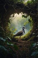A bird stands at the entrance of a lush, green tunnel in a serene forest setting. photo