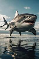 A great white shark leaps from the ocean, showcasing its powerful body and sharp teeth. photo