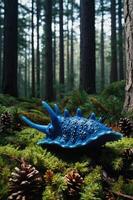 A vibrant blue, spiky shell-like object rests on a forest floor surrounded by pine cones and moss. photo