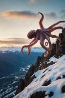 An octopus floats above a snowy mountain landscape during sunset. photo
