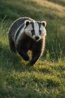A badger running through a grassy field during golden hour. photo