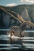 A zebra splashes through water against a scenic backdrop of hills. photo