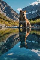 A bear stands majestically by a serene mountain lake, reflecting its image in the water. photo