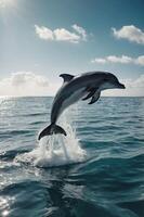 A dolphin leaps gracefully above the ocean surface, capturing a moment of natural beauty. photo
