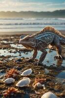 A lizard-like creature exploring a beach with shells and sea stars at sunset. photo