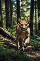 A puma walking through a lush forest, showcasing its natural habitat and beauty. photo