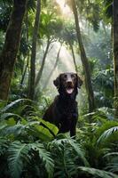 A dog stands in a lush jungle, surrounded by vibrant greenery and dappled sunlight. photo