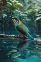 A vibrant bird perched on a branch near tranquil water, reflecting its colors. photo