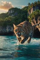 A leopard leaps through water, showcasing its agility against a tropical backdrop. photo