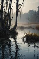 A serene wetlands scene with mist, reflecting trees and grasses in tranquil waters. photo