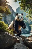 A panda stands on rocks near a serene body of water, surrounded by lush greenery and cliffs. photo