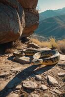 A close-up of a large snake resting on rocky terrain with a mountainous backdrop. photo