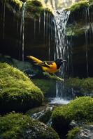 A vibrant bird perched near a waterfall amidst lush greenery. photo