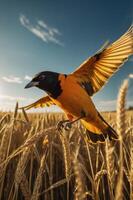 A vibrant bird in flight over a golden wheat field under a blue sky. photo