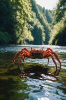 A vibrant crab stands in a serene river, surrounded by lush greenery and sunlight. photo