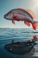 A vibrant fish leaps above the water, casting a reflection in the calm surface below. photo