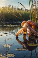 An octopus stands amidst tall grasses and lily pads in a serene water setting. photo