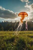 A jellyfish floats above a grassy field with a scenic background of trees and clouds. photo