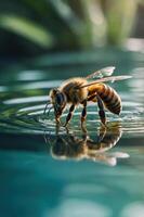 A bee delicately touches the surface of water, creating ripples and reflecting its image. photo