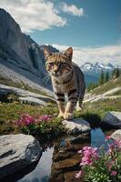 A cat walks through a vibrant landscape with mountains and flowers near a reflective pond. photo