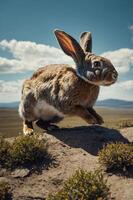 A rabbit leaping on a rocky surface with a scenic landscape in the background. photo